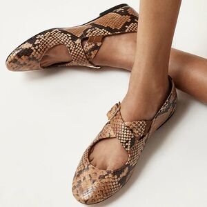 J Crew Snake Embossed Leather Ballet Flats With Crisscross Straps